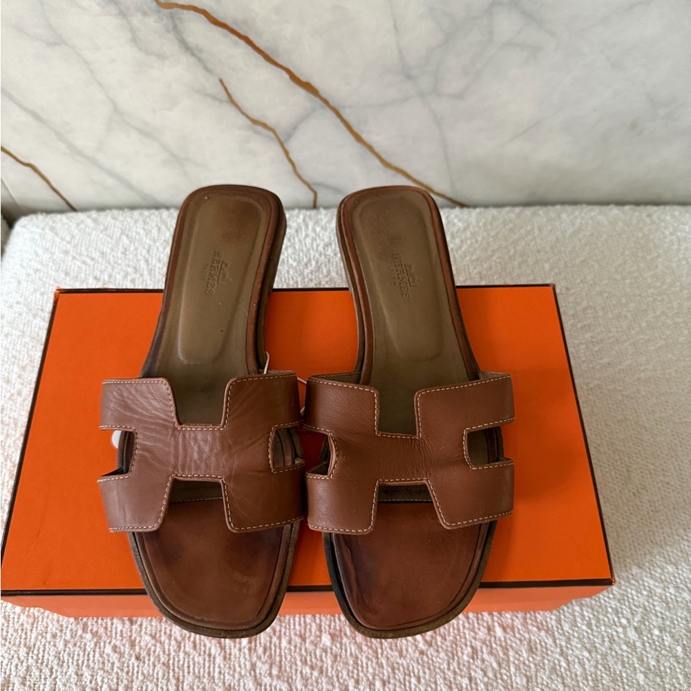 Hermes Oran Brown Leather Slide Sandals